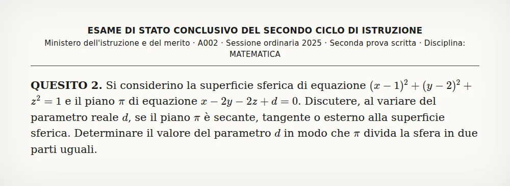 Quesito caricato su RisolviCompiti: geometria analitica nello spazio (Maturità 2025, seconda prova di matematica, quesito 2)