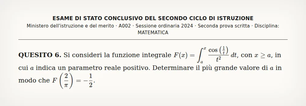 Quesito caricato su RisolviCompiti: funzione integrale (Maturità 2024, seconda prova di matematica, quesito 6)